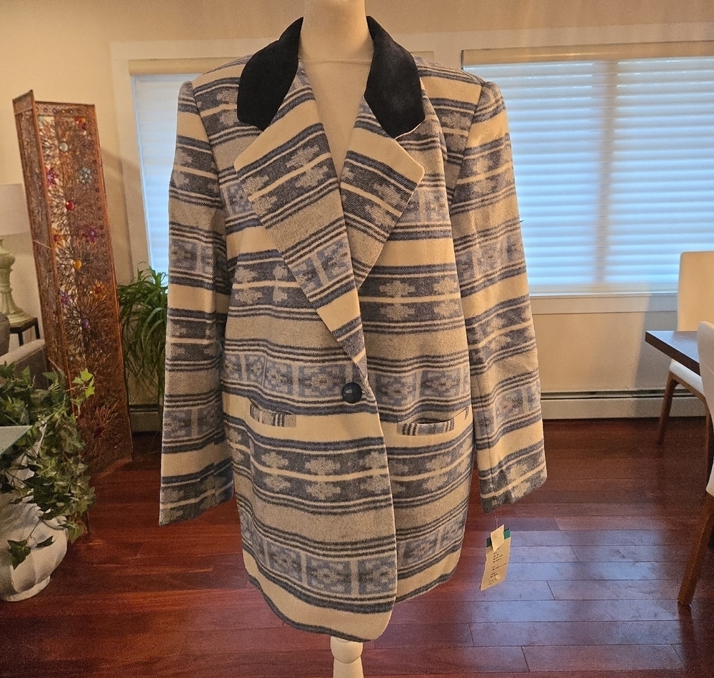 NWT Vintage 1970s Wool Suede Western Aztec Womens Blazer Jacket Blue Size Medium